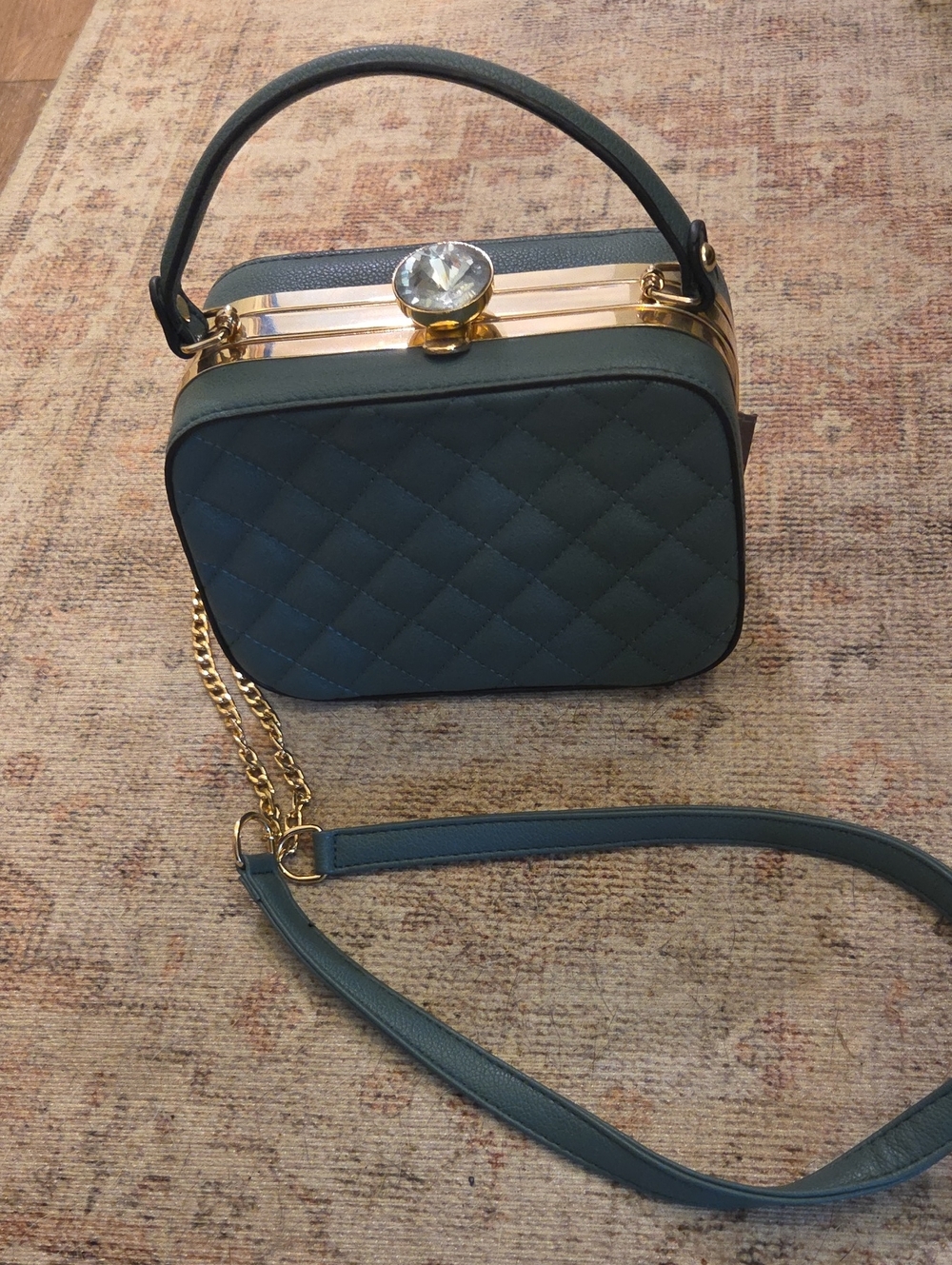 Quilted Teal Top-Handle Crossbody Bag with Crystal Clasp